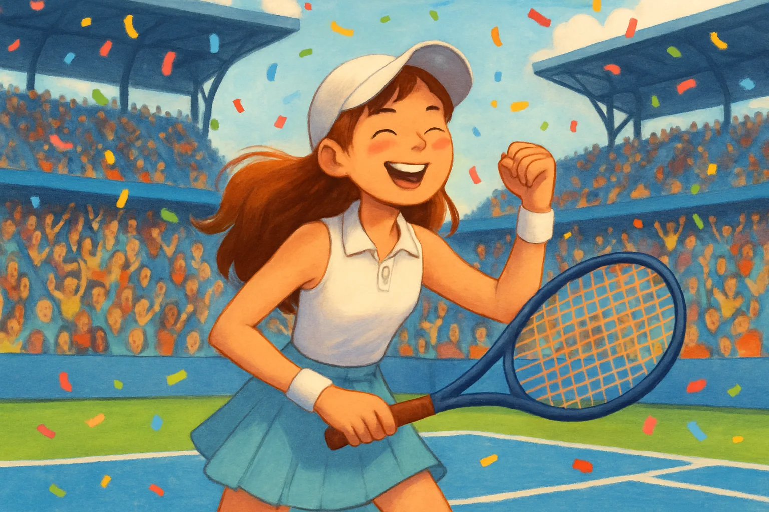 Young tennis player Iva Jovic celebrates on a large tennis court after winning a big match