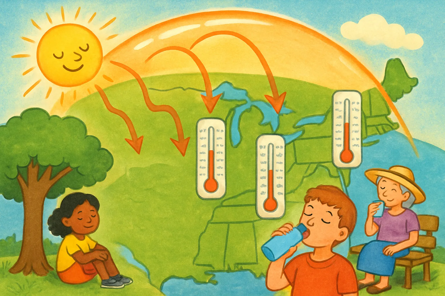 Illustration of a heat dome trapping hot air over the eastern United States, with families staying cool in the shade