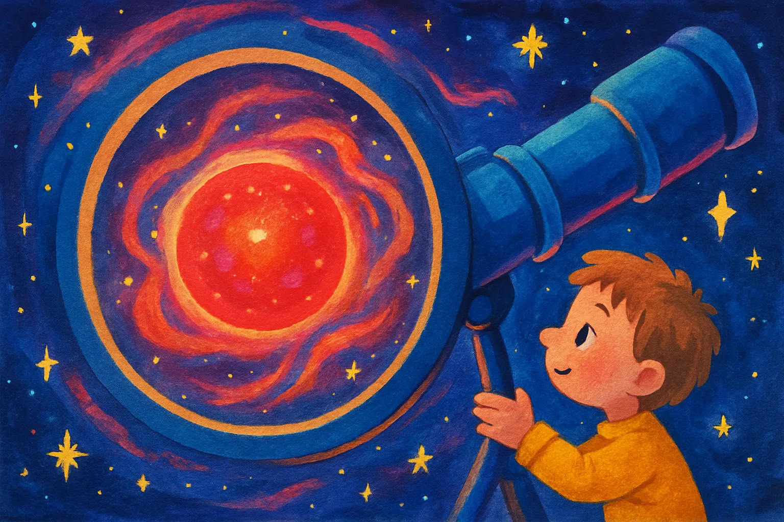 Illustration of a brilliant red glowing cosmic object called a black hole star surrounded by swirling clouds in deep space