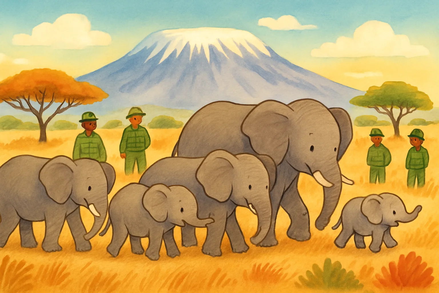Illustration of a herd of elephants in Amboseli's golden grasslands with Mount Kilimanjaro in the background and wildlife rangers nearby