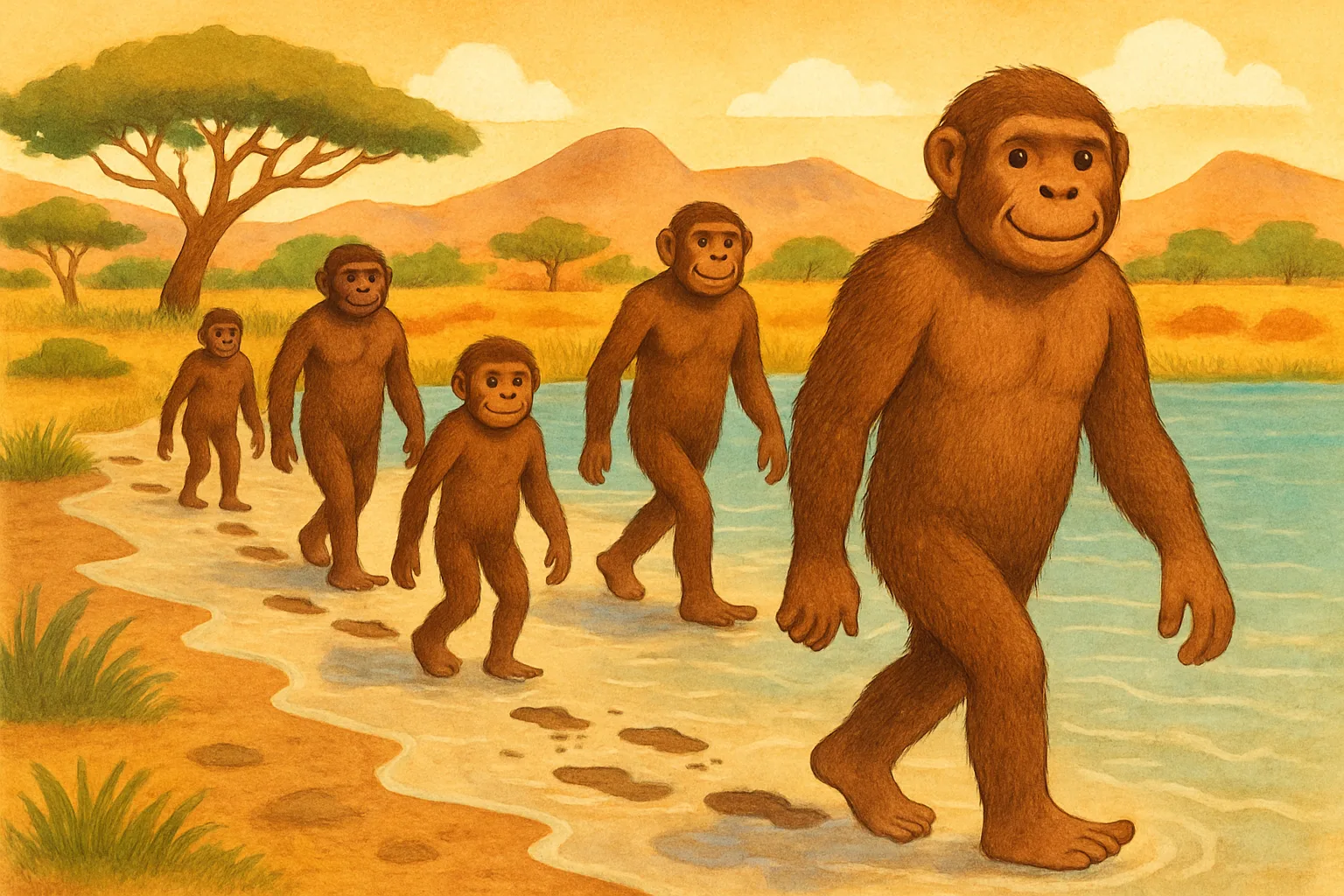 Illustrated group of early human relatives walking together along an ancient African lakeshore, leaving footprints in the mud