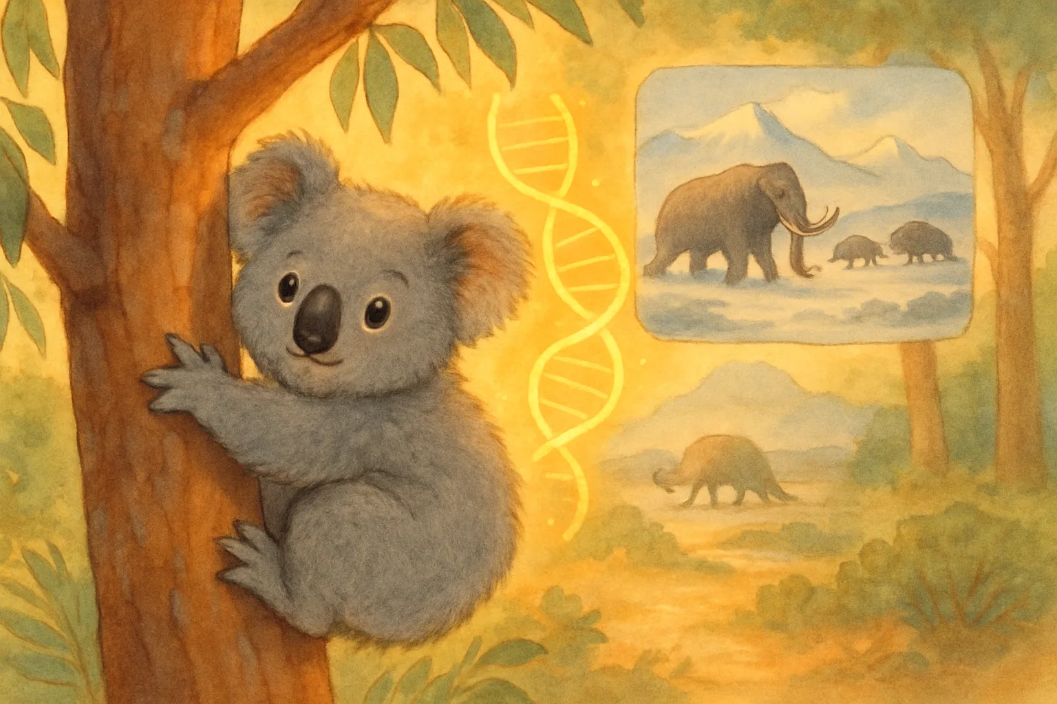 A koala clinging to a eucalyptus tree with a glowing DNA strand in the background