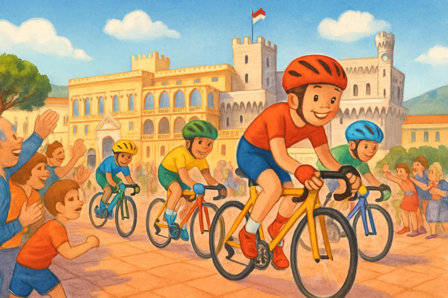 A peloton of cyclists in colorful jerseys racing through the streets of Monaco with crowds cheering