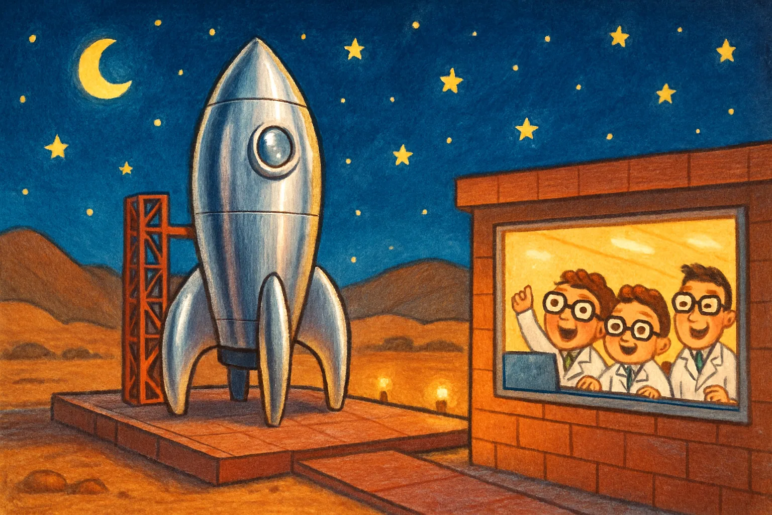 A silver rocket on a launch pad at night with scientists watching from a control room