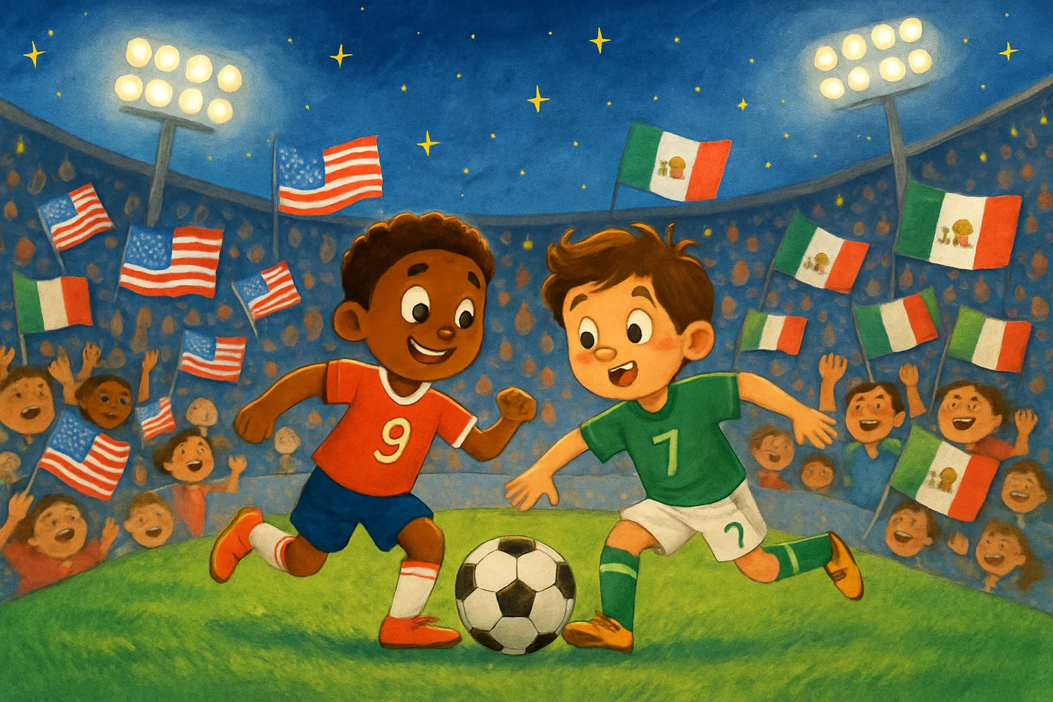 A packed soccer stadium at night with fans waving US and Mexico flags as two players compete for the ball under bright lights