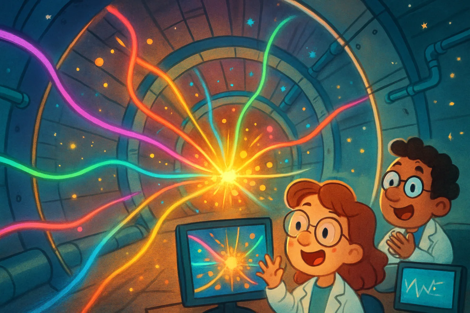 Illustrated particle accelerator tunnel with glowing particle beams colliding in a flash of colorful light, surrounded by amazed scientists