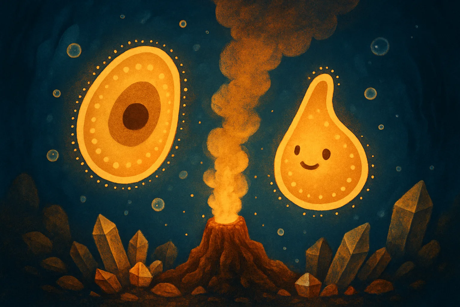 Two glowing simple cells floating near a deep-sea hydrothermal vent surrounded by mineral crystals and ocean water