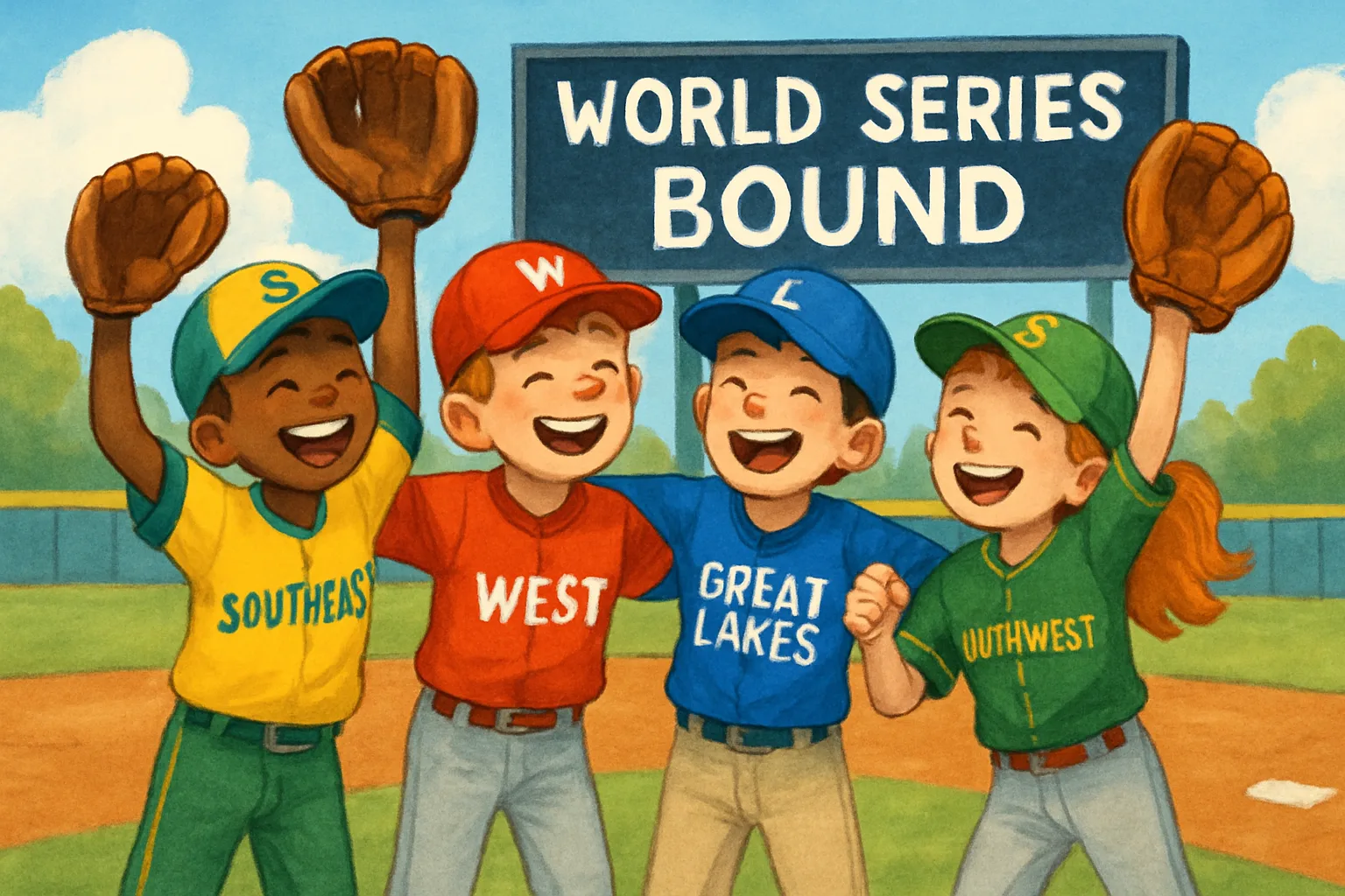 Young Little League baseball players in colorful uniforms celebrating on a baseball diamond
