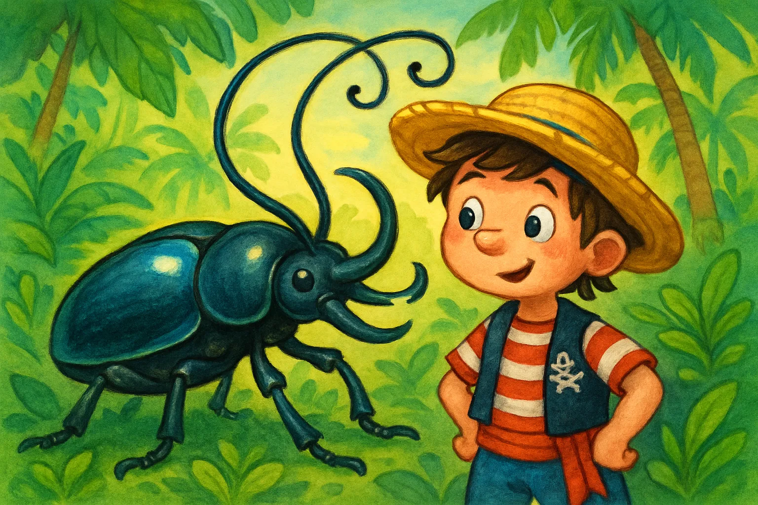 Illustration of the newly discovered Luffy beetle with long stretchy antennae next to the One Piece character Monkey D. Luffy
