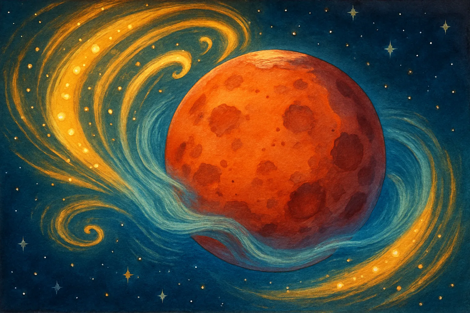 Illustrated view of Mars with glowing solar wind waves sweeping its thin atmosphere away into space