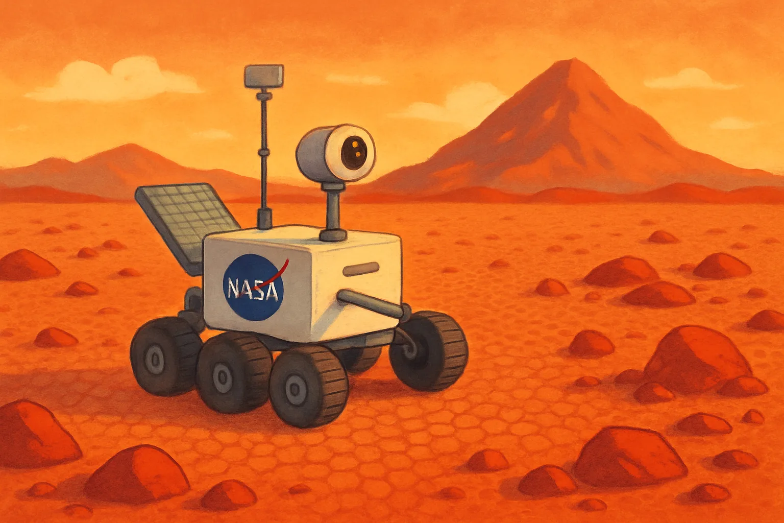 NASA's Curiosity rover drives across a vast field of honeycomb-shaped cracks on the Martian surface with a mountain in the background