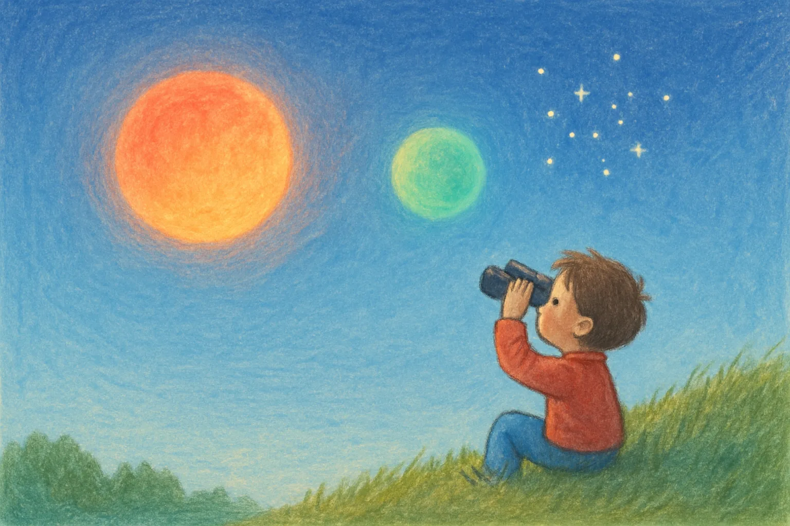 Two planets, reddish Mars and blue-green Uranus, side by side in the pre-dawn sky with star clusters visible