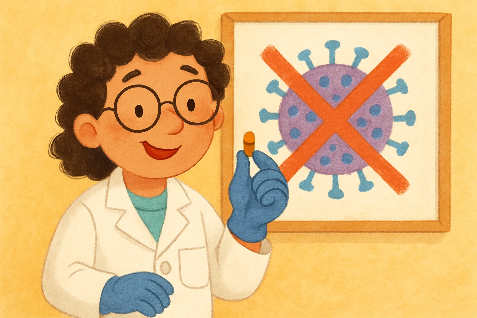 Illustrated scientist in a lab coat holding a small pill with a colorful diagram showing a virus being blocked