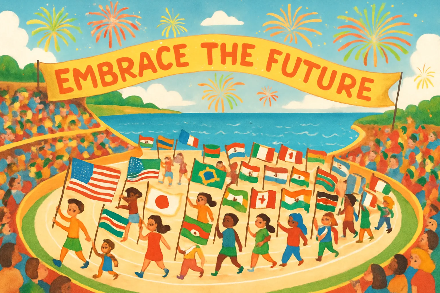 A colorful stadium by the Mediterranean Sea with athletes carrying flags from many countries, fireworks in the sky, illustrated in a cheerful children's book style