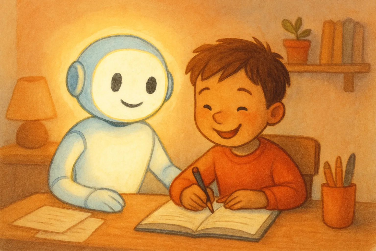 Illustration of a friendly glowing AI robot helper sitting beside a happy child at a desk
