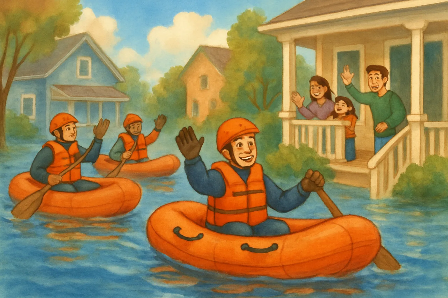 Rescue workers in orange vests paddling boats through flooded Midwest streets to help families