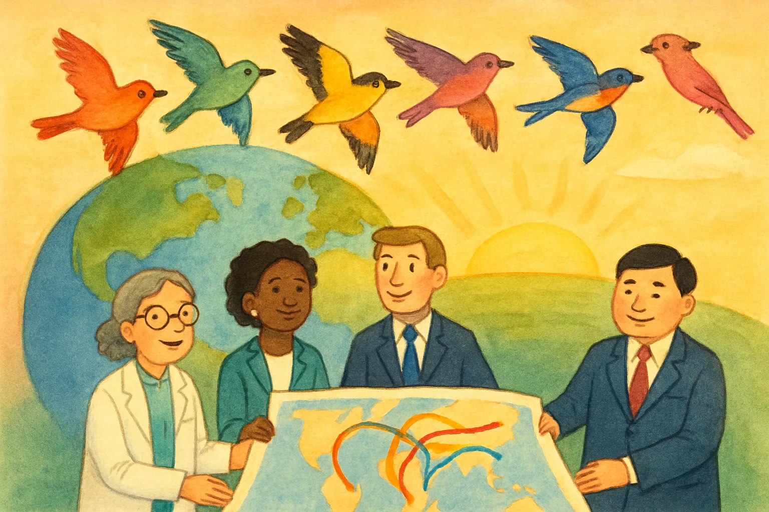 Colorful migratory birds flying in formation over a globe while scientists and conservationists stand together below