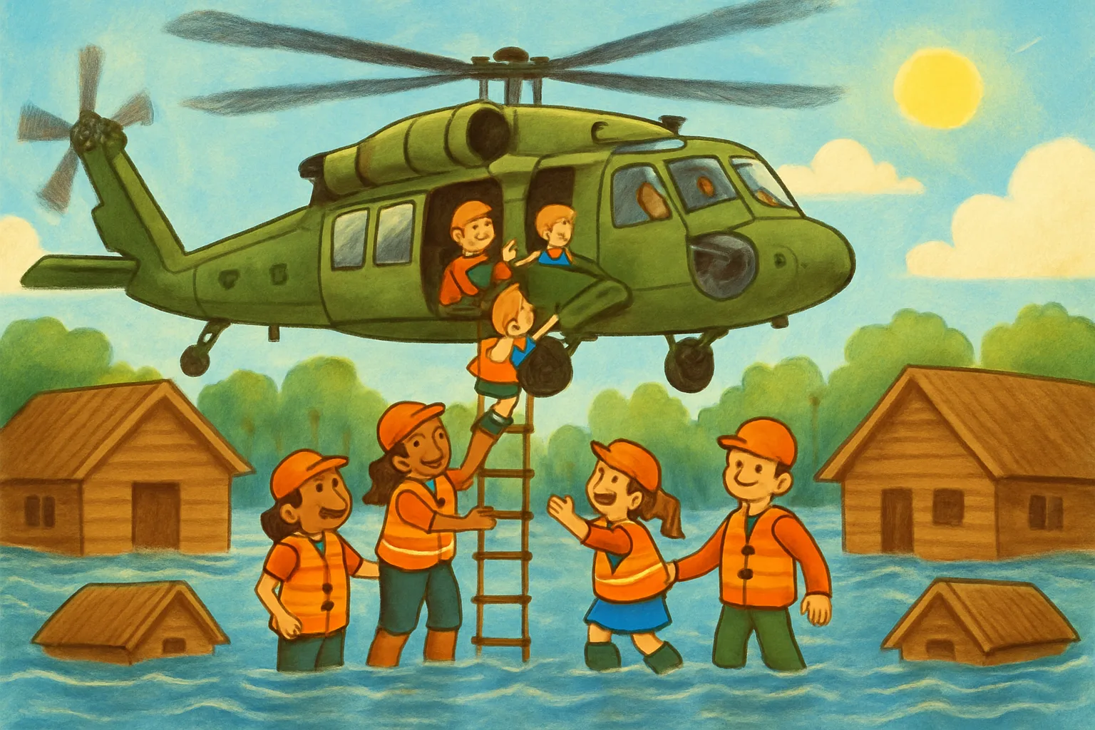 Army Black Hawk helicopter rescuing campers from a flooded summer camp in Missouri
