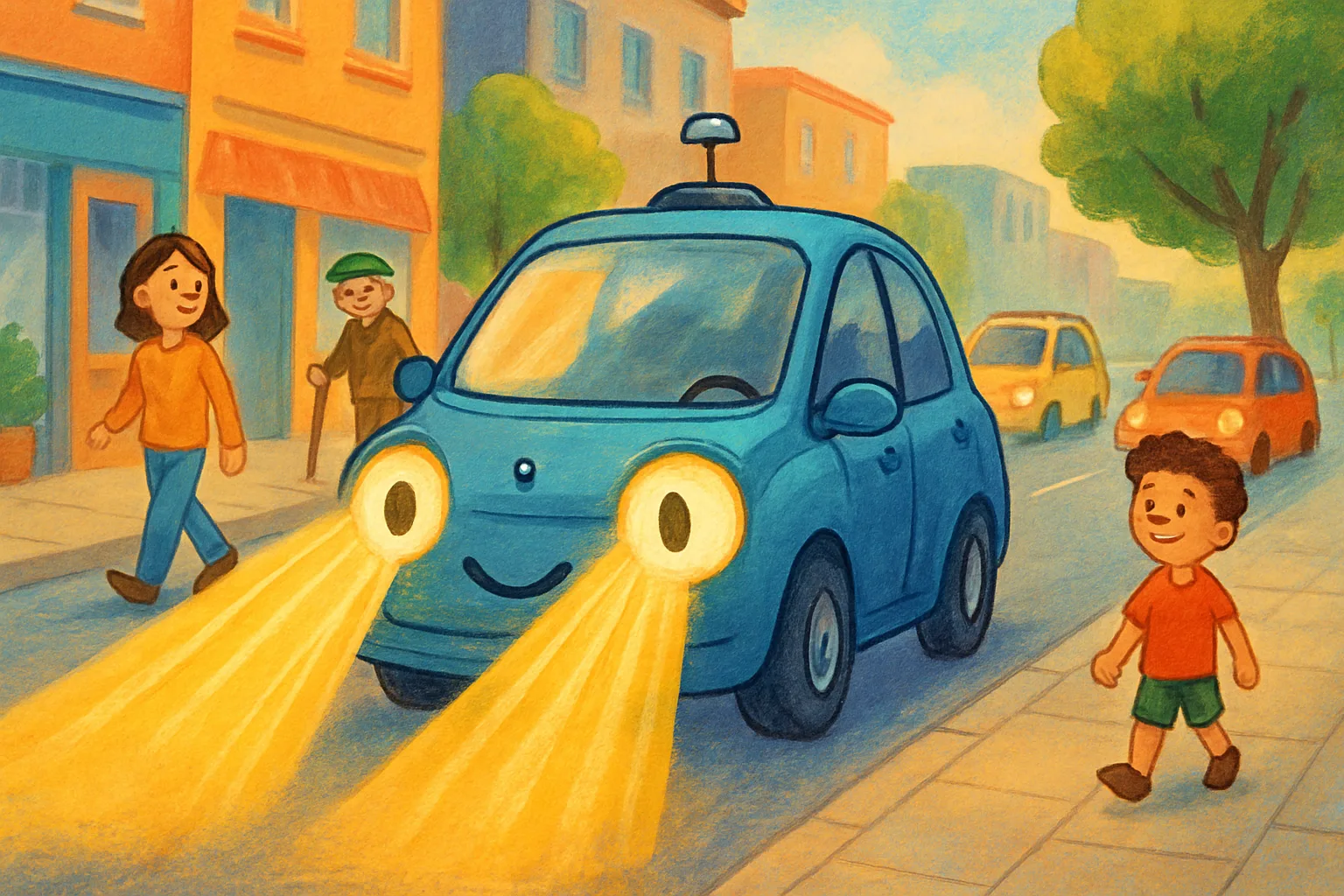 A friendly self-driving car with bright light beams fanning out like wide eyes, scanning a busy colorful street