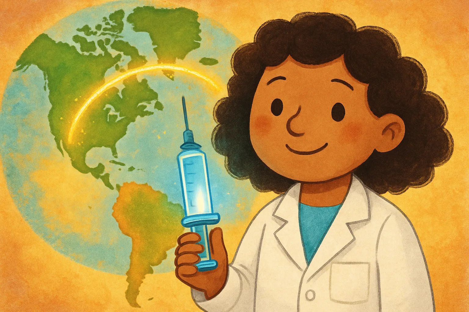 A scientist in a lab coat carefully holding a vaccine vial with a hopeful expression, globe in the background