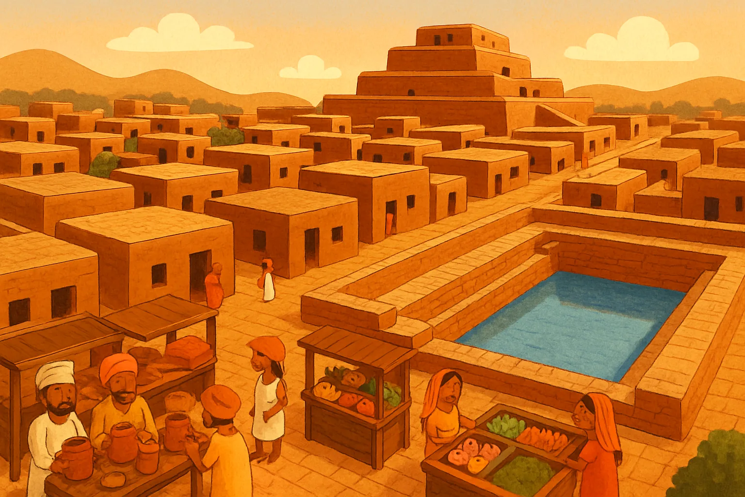 Colorful illustration of the ancient city of Mohenjo-daro with neat brick streets, houses, and a public bath where people gather