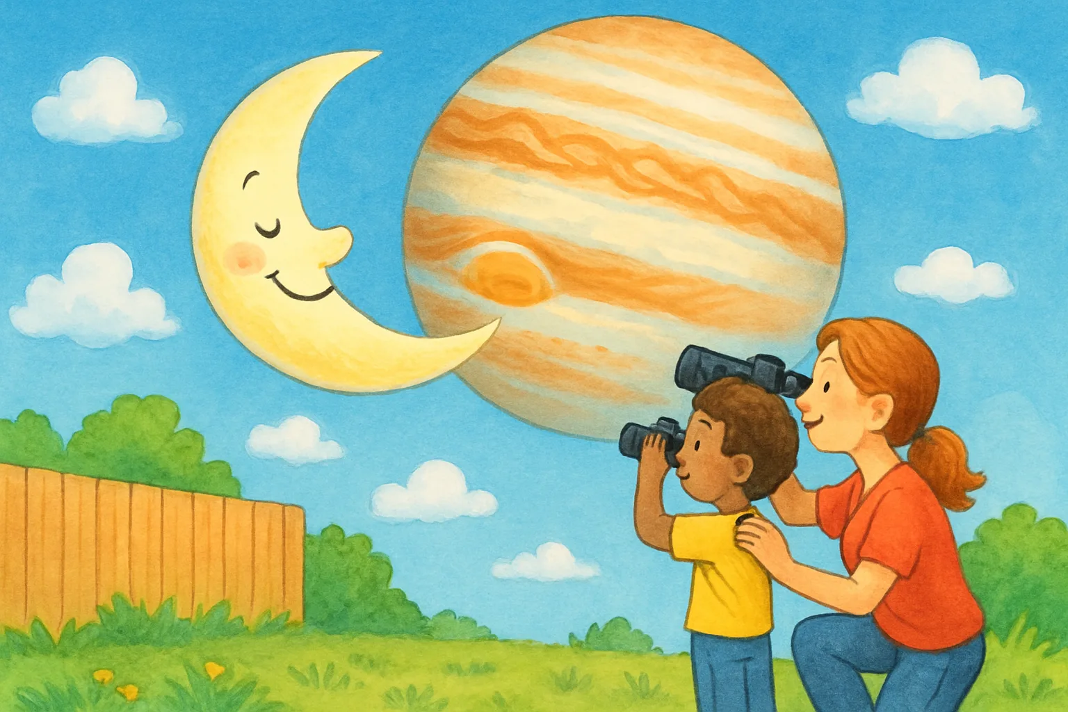 A crescent Moon covering the planet Jupiter in a daytime sky, with a child looking through binoculars