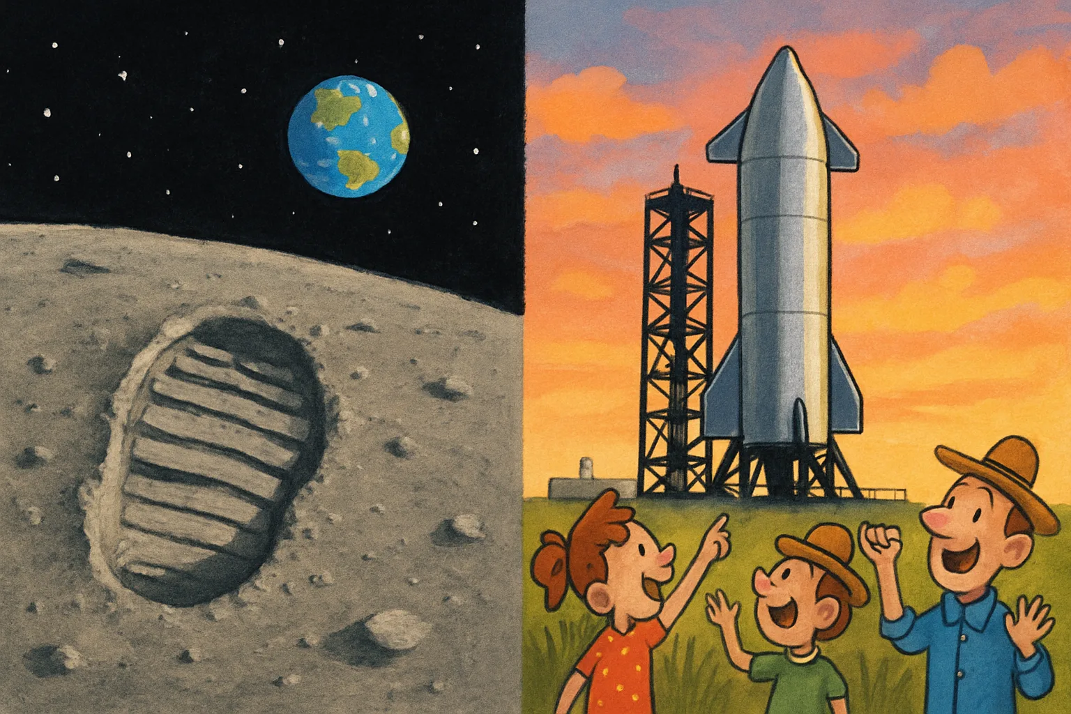 Split illustration showing the Apollo 11 Moon landing footprint on the left and the giant SpaceX Starship rocket on a Texas launchpad on the right