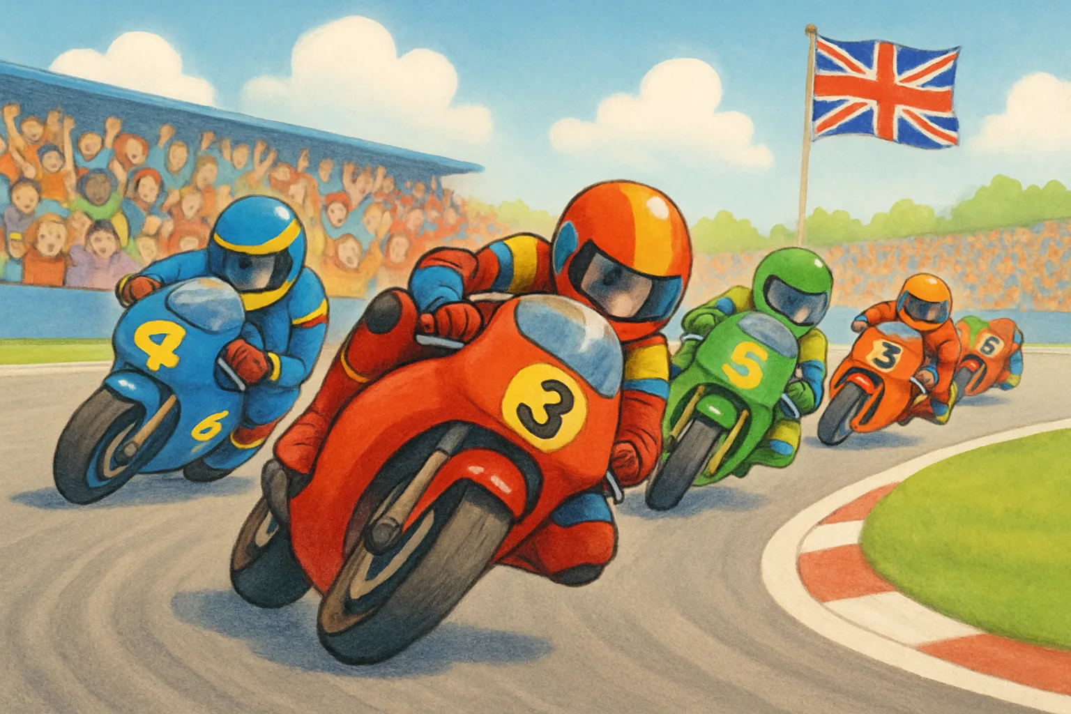 Colorful MotoGP motorcycles racing through a turn at Silverstone circuit with a cheering crowd and British flag in the background