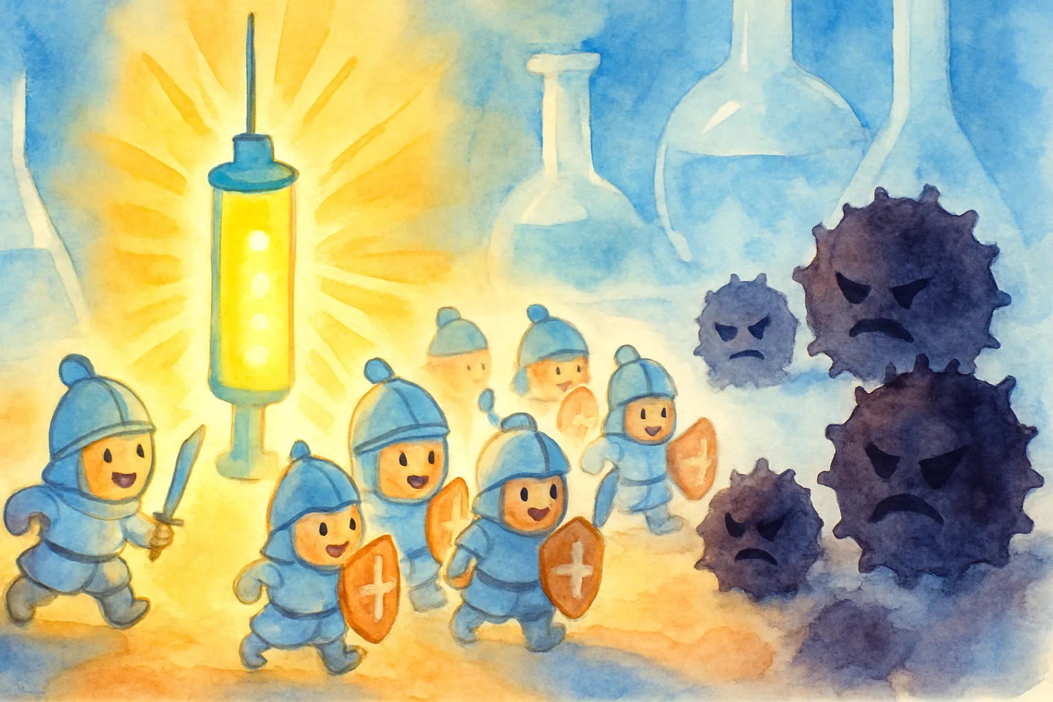 Friendly cartoon immune cells like knights activated by a glowing vaccine, marching against dark cancer cells