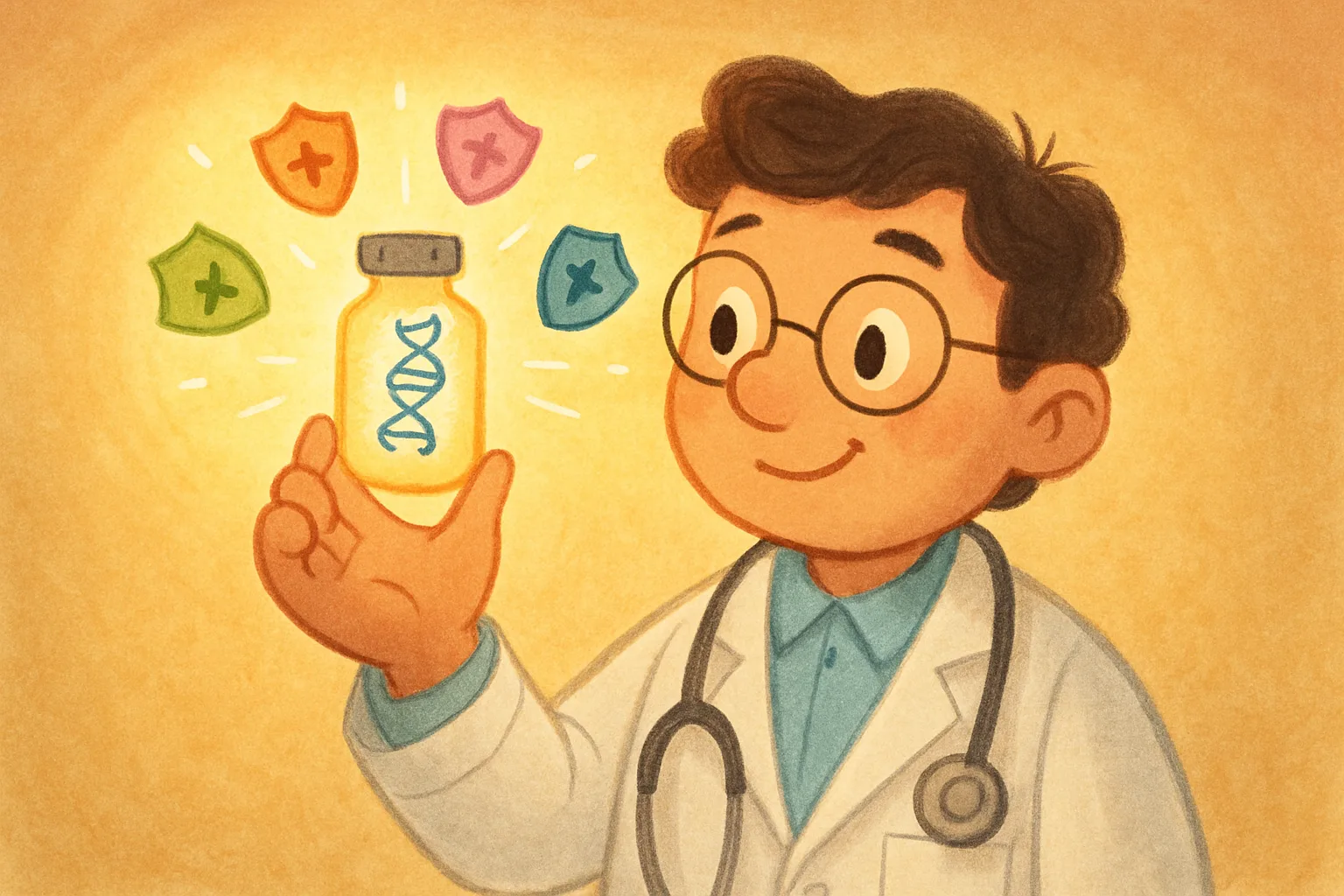 A friendly doctor holding a glowing vaccine vial with illustrated mRNA molecules and protective shields around it
