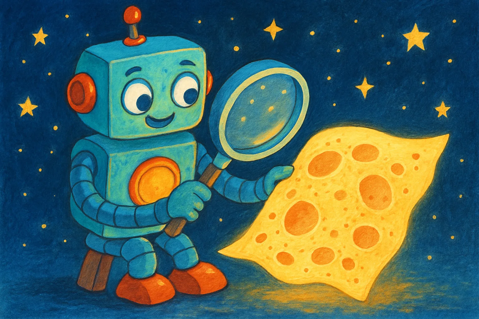A cartoon robot studies a glowing map of the Moon's surface covered in craters
