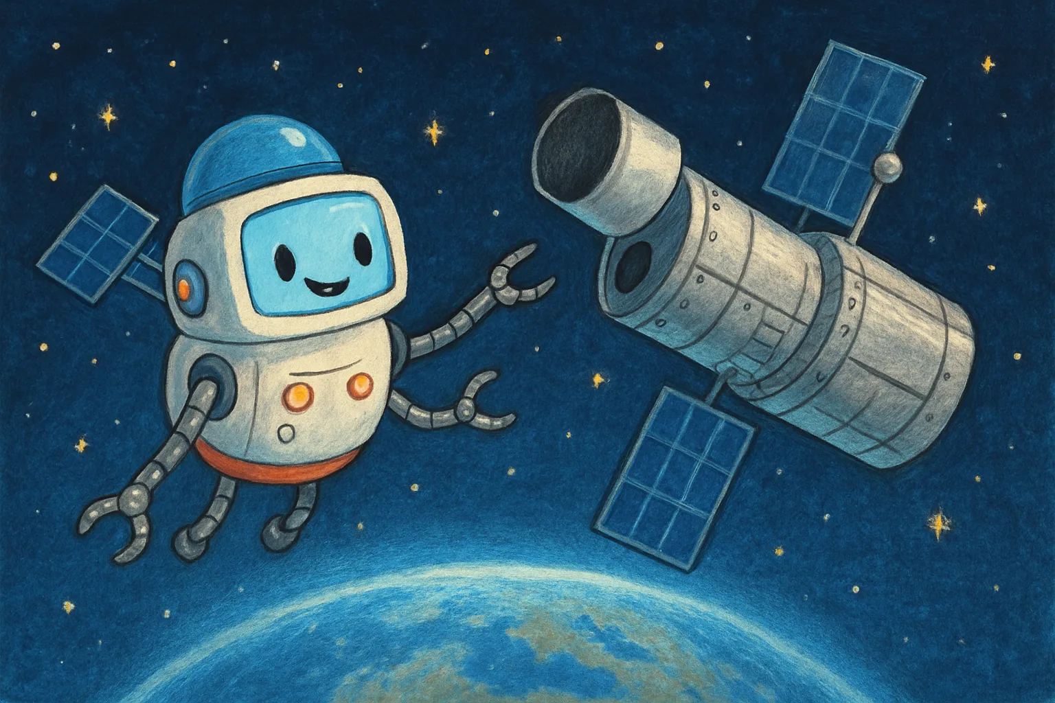 A small robotic spacecraft called LINK approaching NASA's Swift Observatory high above Earth