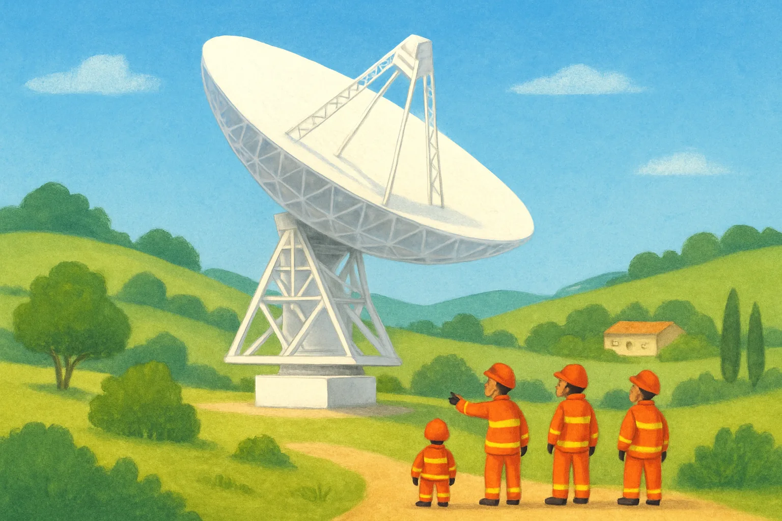 A large white satellite dish in a Spanish landscape with firefighters nearby keeping it safe from smoke in the distance