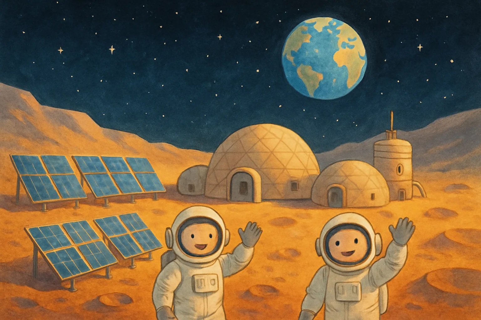 Illustration of a cozy Moon Base with solar panels and dome habitats on the lunar surface