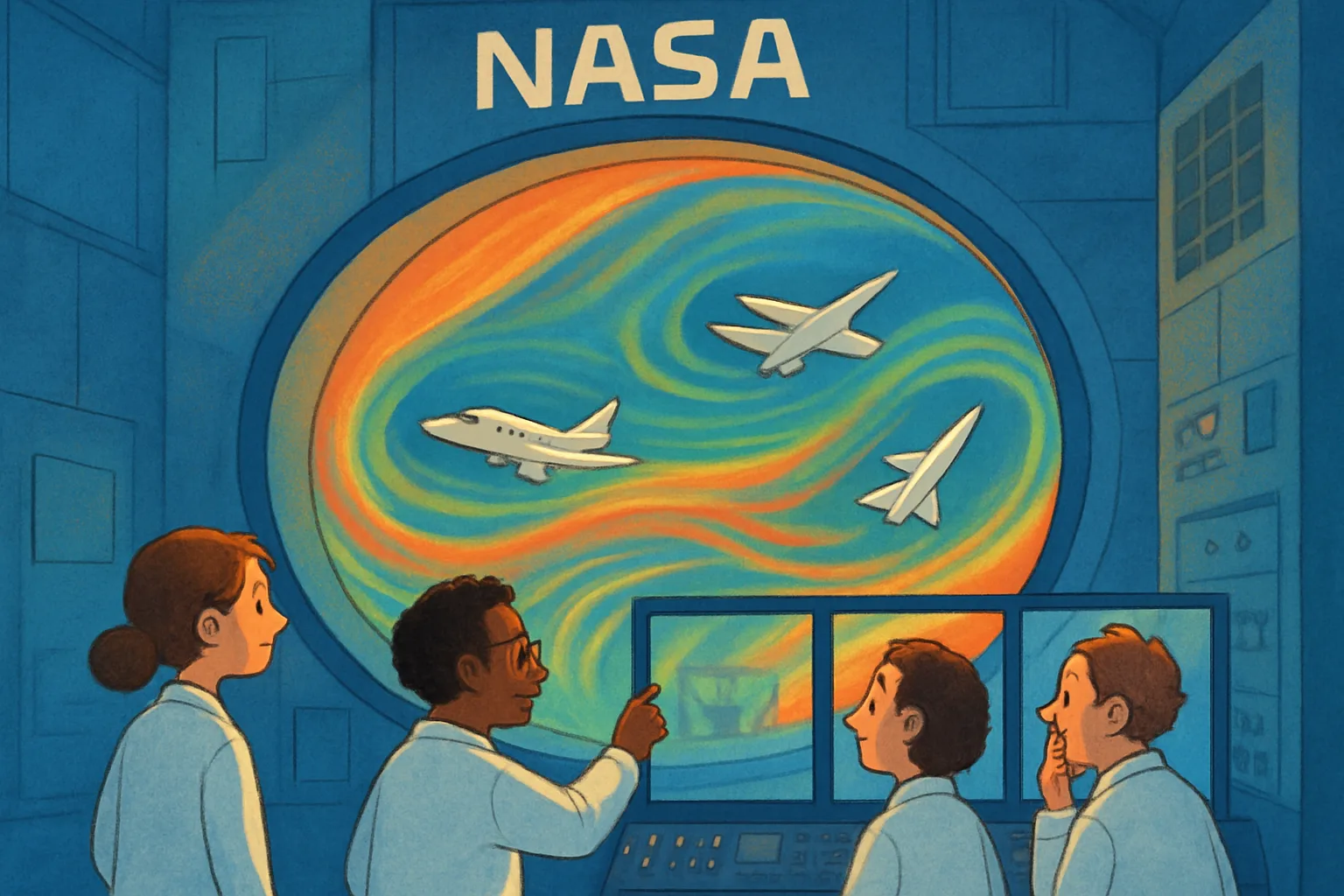 A cutaway illustration of NASA's new wind tunnel with model aircraft flying inside and scientists watching through observation windows