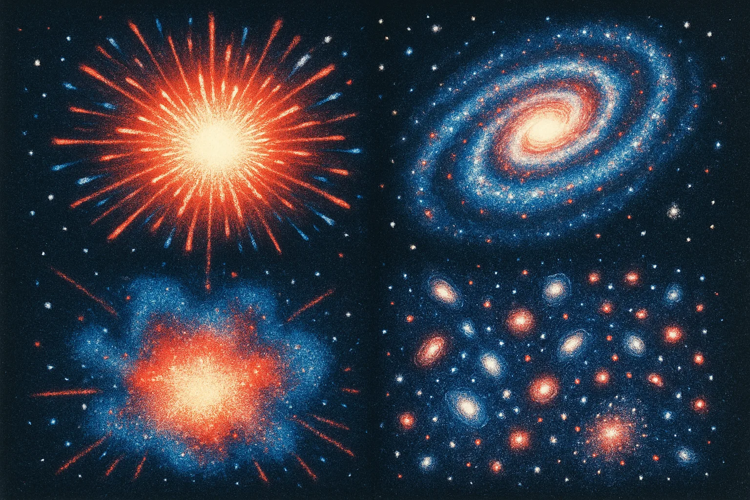 Four cosmic images in red, white, and blue showing a supernova, a nebula, a spiral galaxy, and a galaxy cluster