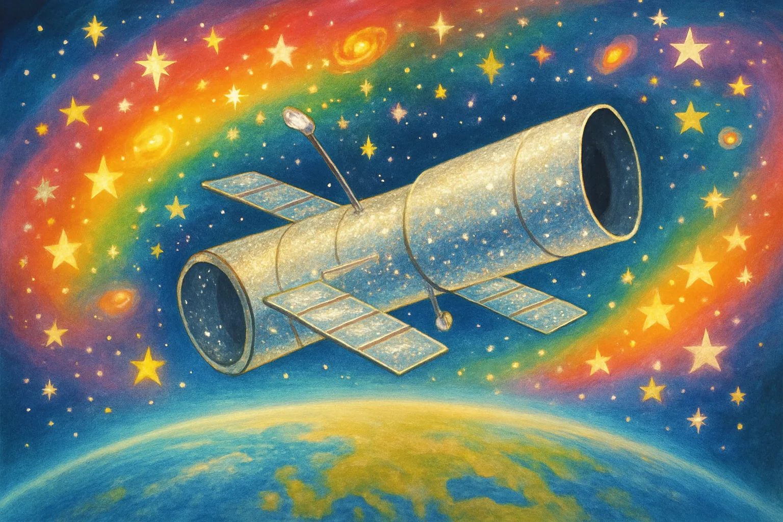 Illustrated silver space telescope floating above Earth surrounded by colorful stars and galaxies