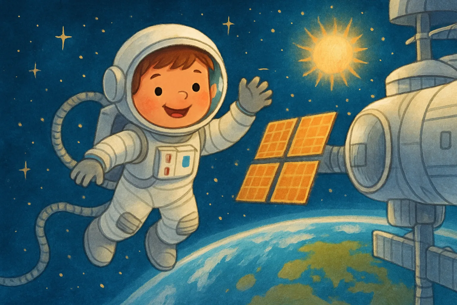 Illustrated astronaut in a white spacesuit floating outside the International Space Station with Earth visible below