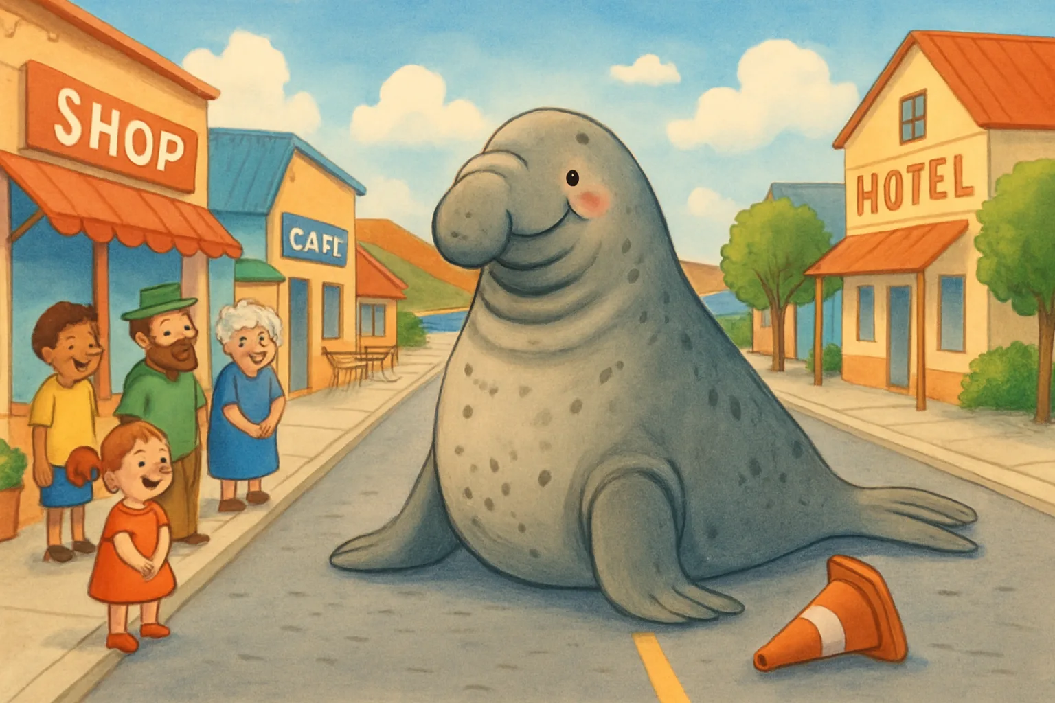 An illustrated giant elephant seal sitting happily in a street next to a traffic cone in a small Australian town