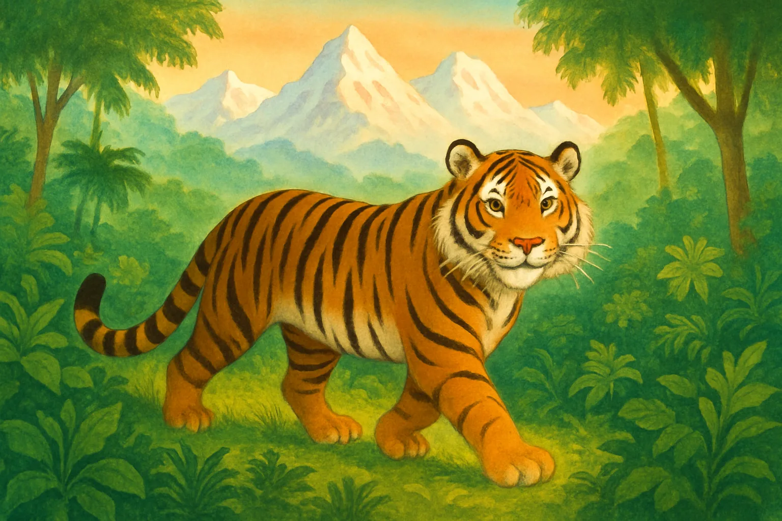 A majestic Bengal tiger strolling through green jungle with snowy Himalayan mountains behind it