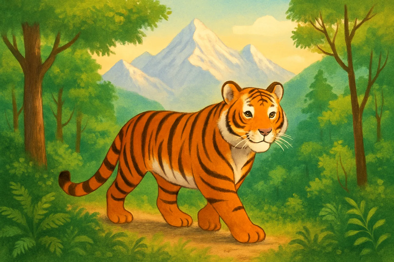A majestic Bengal tiger walking through a lush green forest in Nepal with mountains in the background