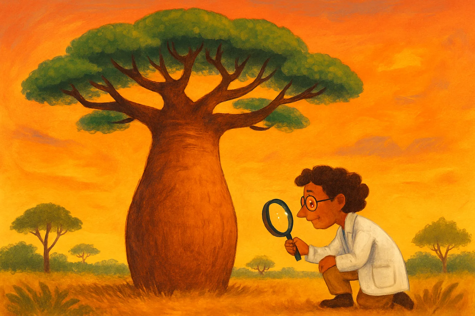 A wide fat-trunked baobab tree with umbrella-shaped branches at sunset in Madagascar, with a scientist examining it, illustrated in a colorful children's book style