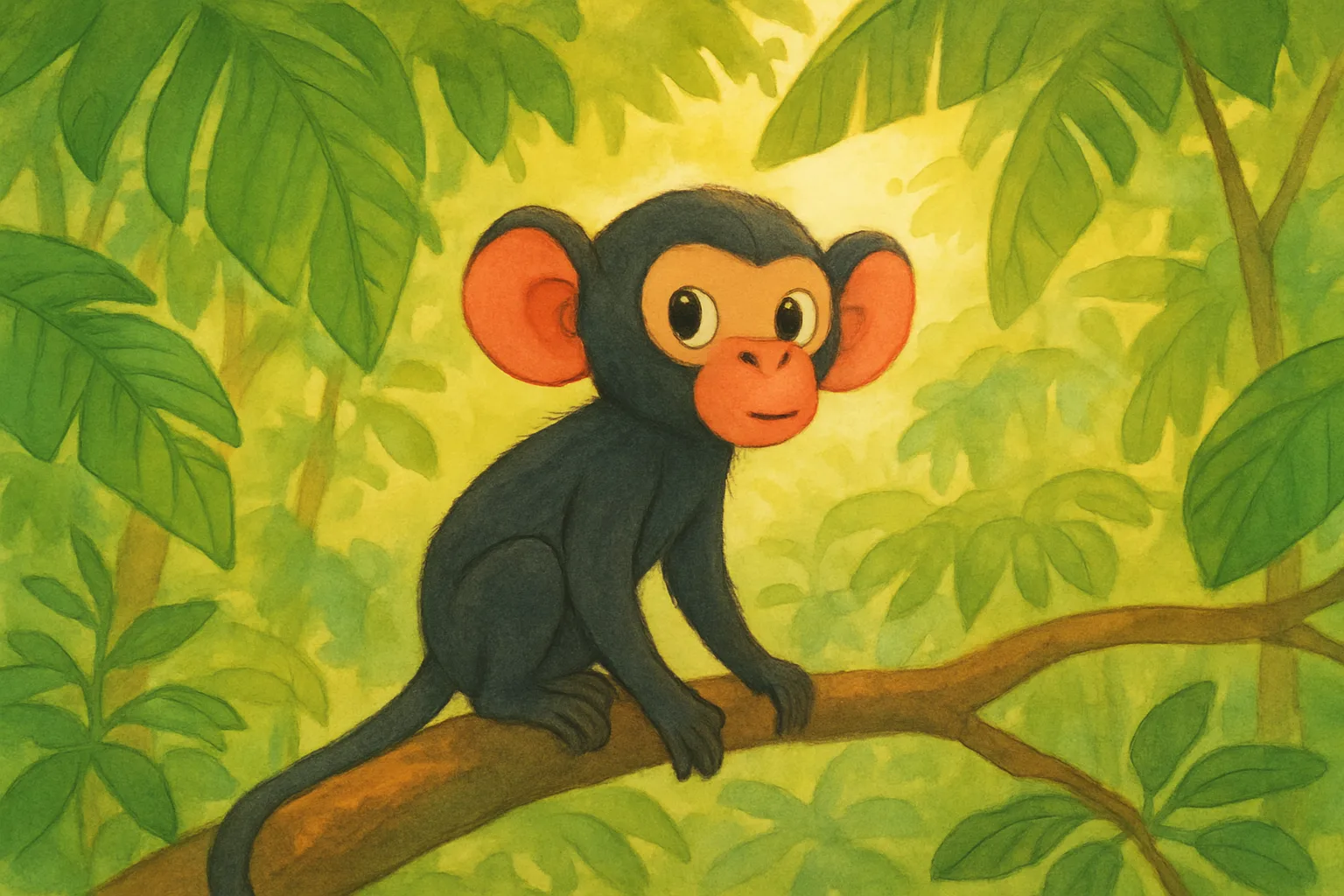 A newly discovered black monkey with orange lips called Likweli sitting in the rainforest canopy