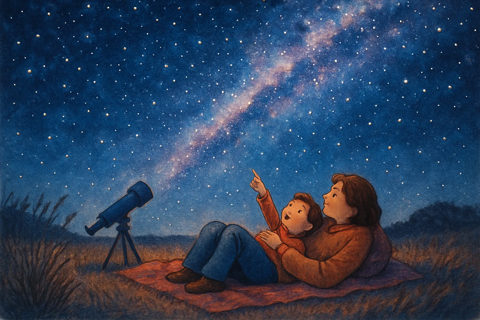 A child and parent lie on a blanket in a field looking up at a stunning star-filled Milky Way