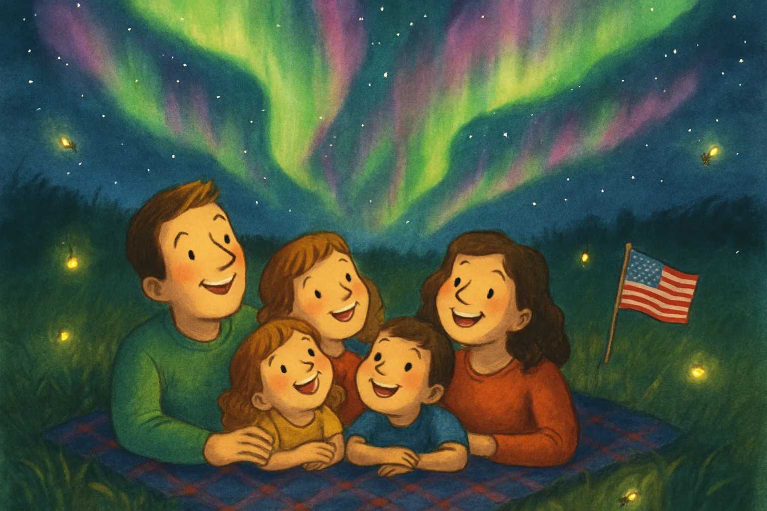 A family watching colorful green and pink Northern Lights glowing in the night sky