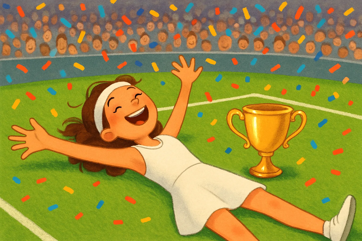 Linda Noskova celebrating on the grass at Wimbledon after winning the 2026 women's title