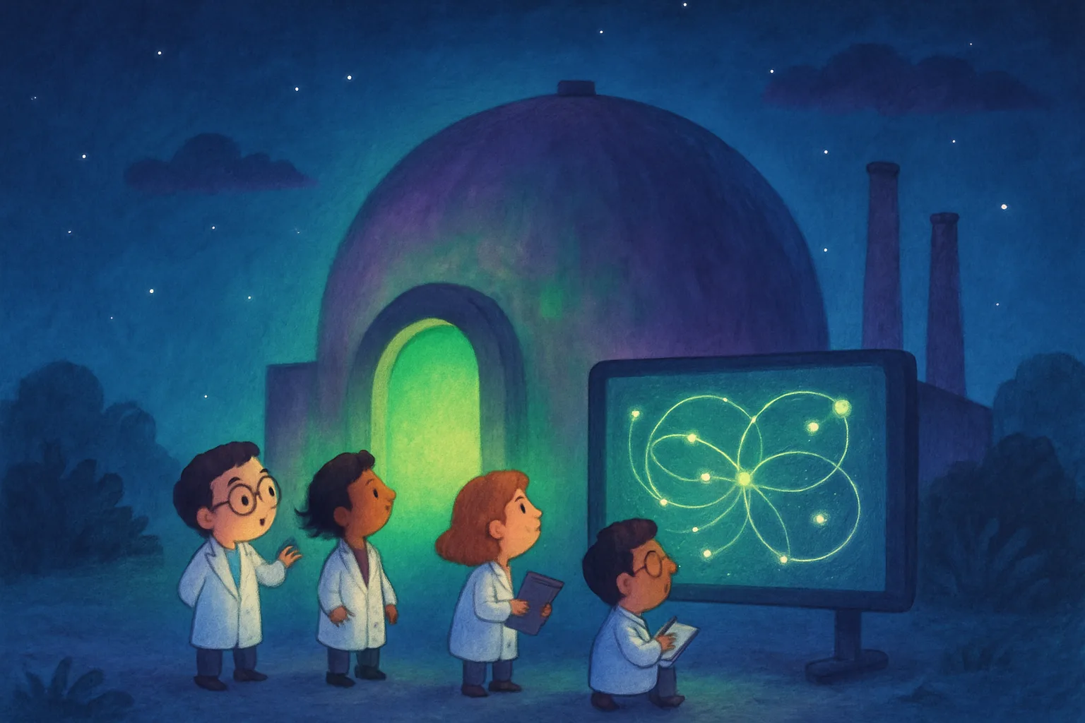 A nuclear power plant dome glowing softly in the dark while scientists observe mysterious particle trails on screens