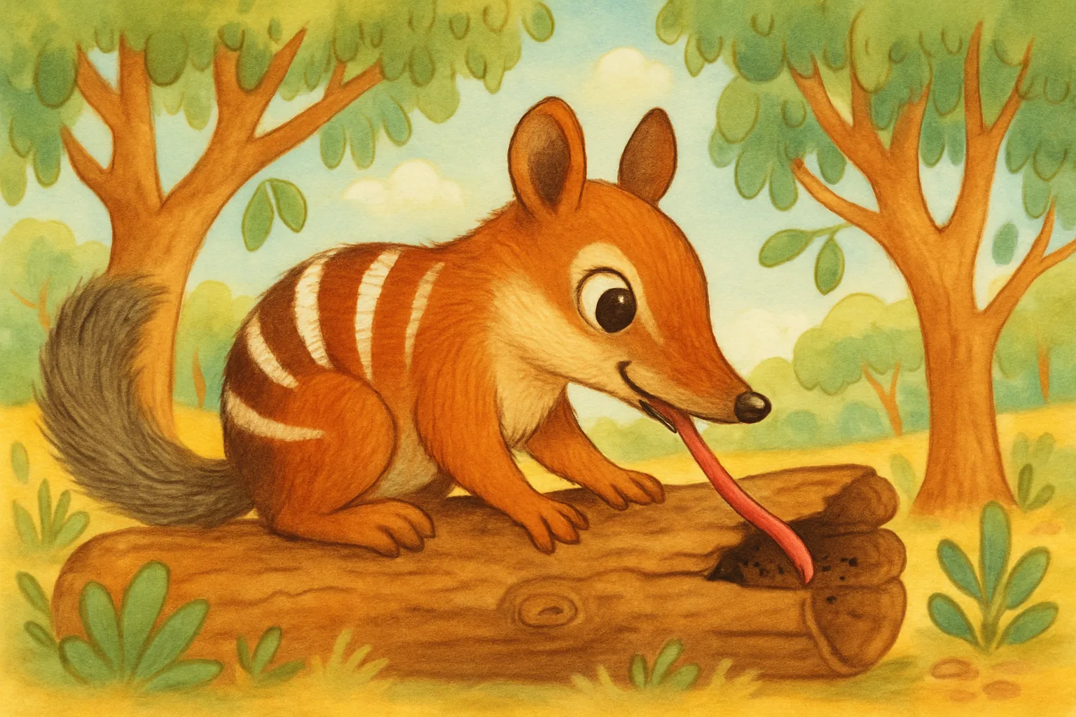 A numbat, a small striped Australian marsupial, sitting on a log in a woodland