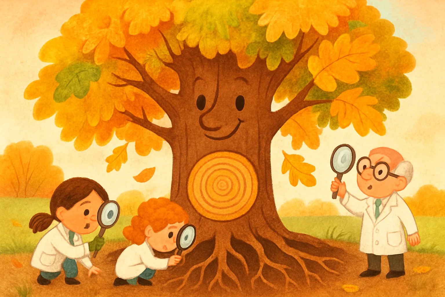 A large oak tree with autumn leaves continuing to photosynthesize while scientists study it, illustrated in a warm children's book style
