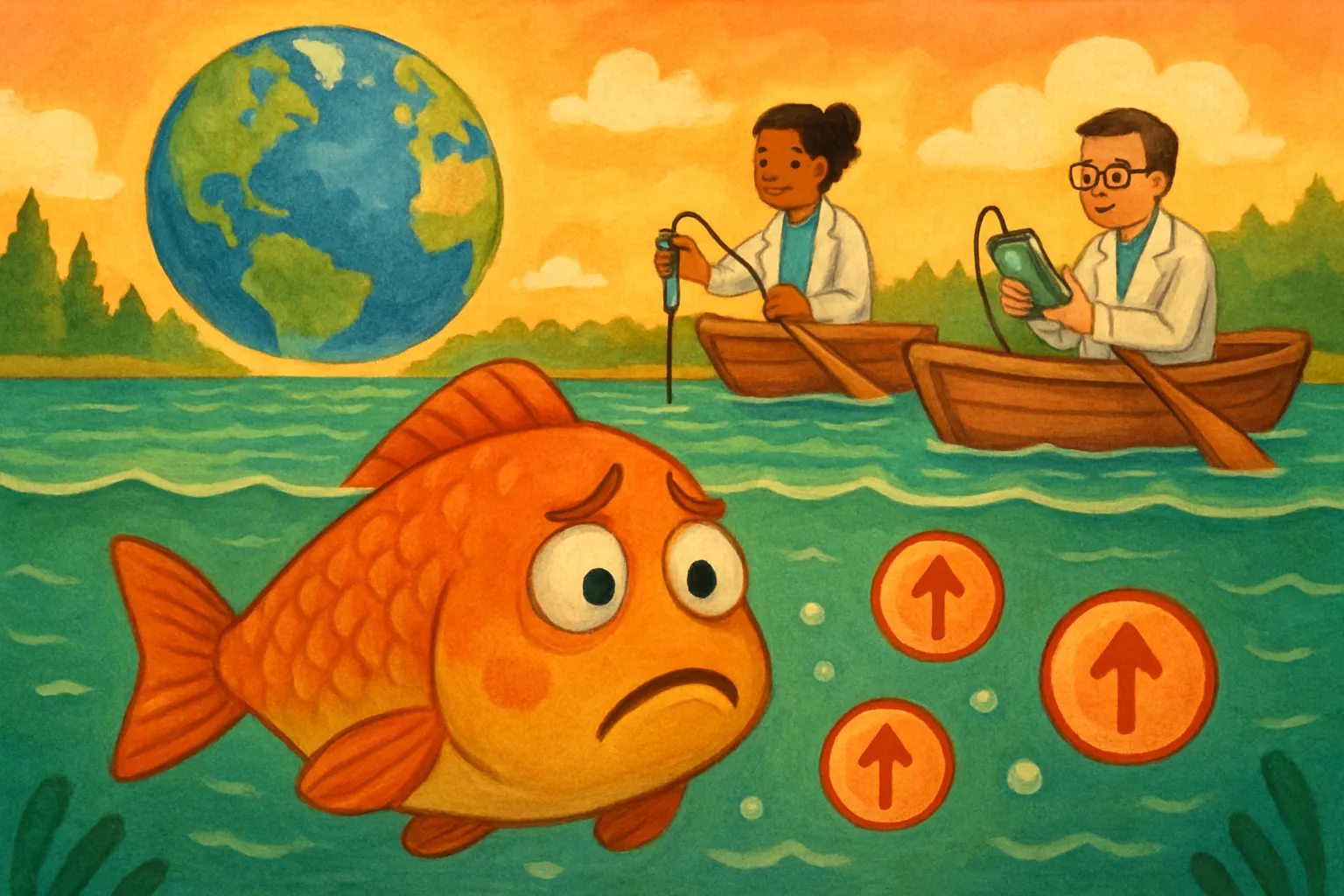 A cartoon fish in a lake surrounded by warm water bubbles while scientists in boats measure the water from above